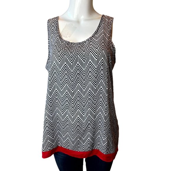 Zack & Rachel Womens Tunic Blouse Split Back Sleeveless Aztec Print Black Red L - Picture 1 of 7